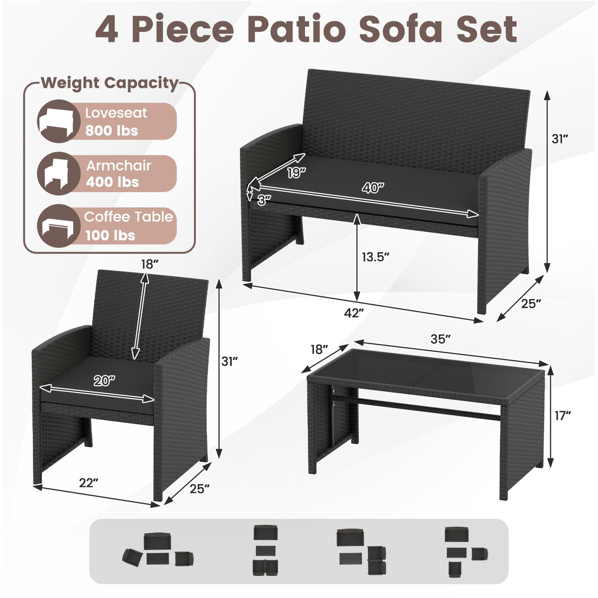 4 Pieces Patio Furniture Set with Tempered Glass Tabletop and Removable Cushion-Black view 5