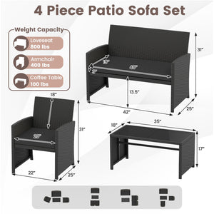 4 Pieces Patio Furniture Set with Tempered Glass Tabletop and Removable Cushion-Black view 5