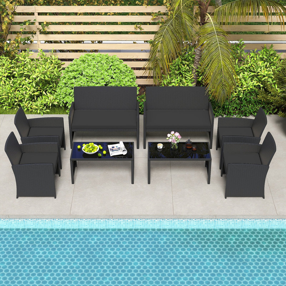 4 Pieces Patio Furniture Set with Tempered Glass Tabletop and Removable Cushion-Black view 6