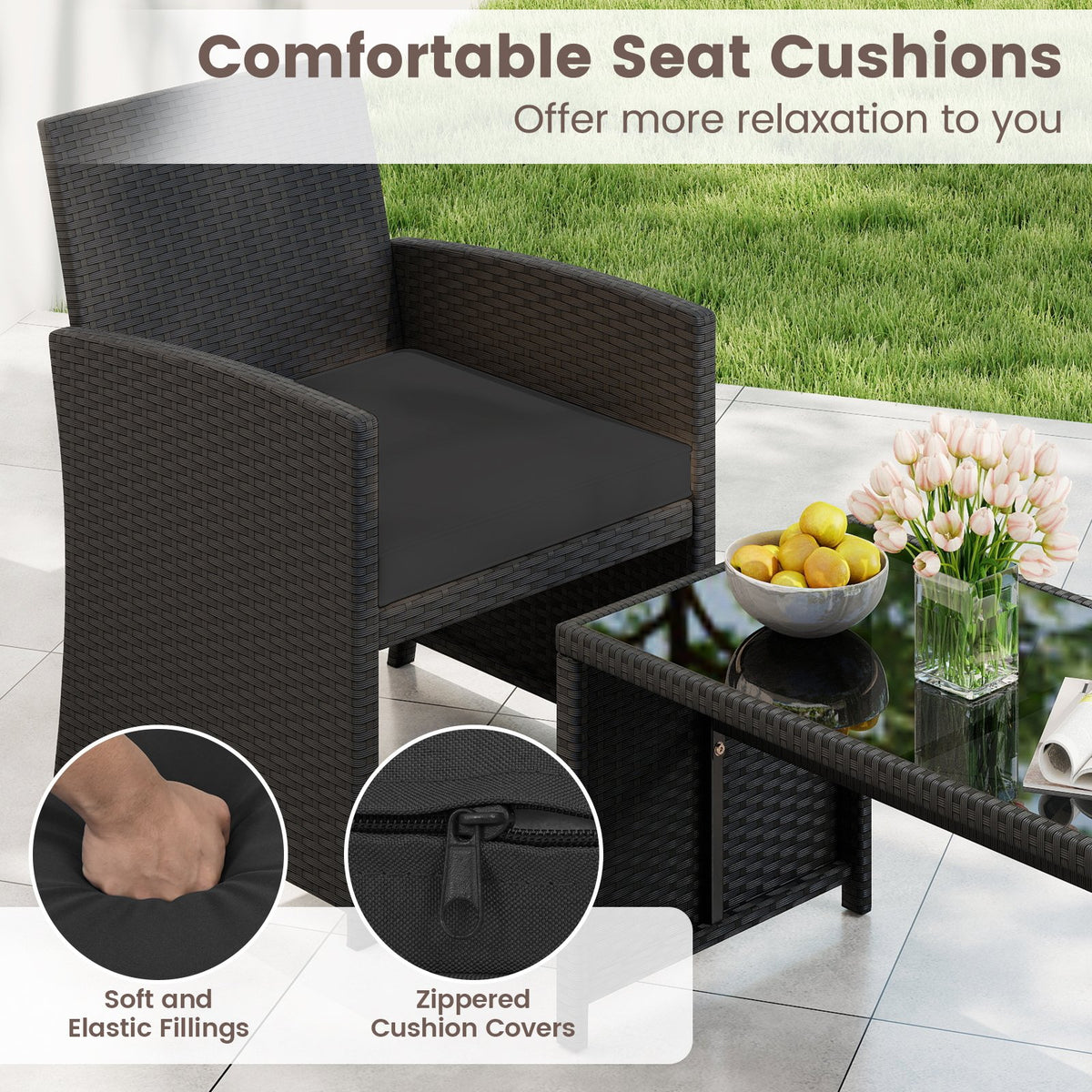 4 Pieces Patio Furniture Set with Tempered Glass Tabletop and Removable Cushion-Black view 8