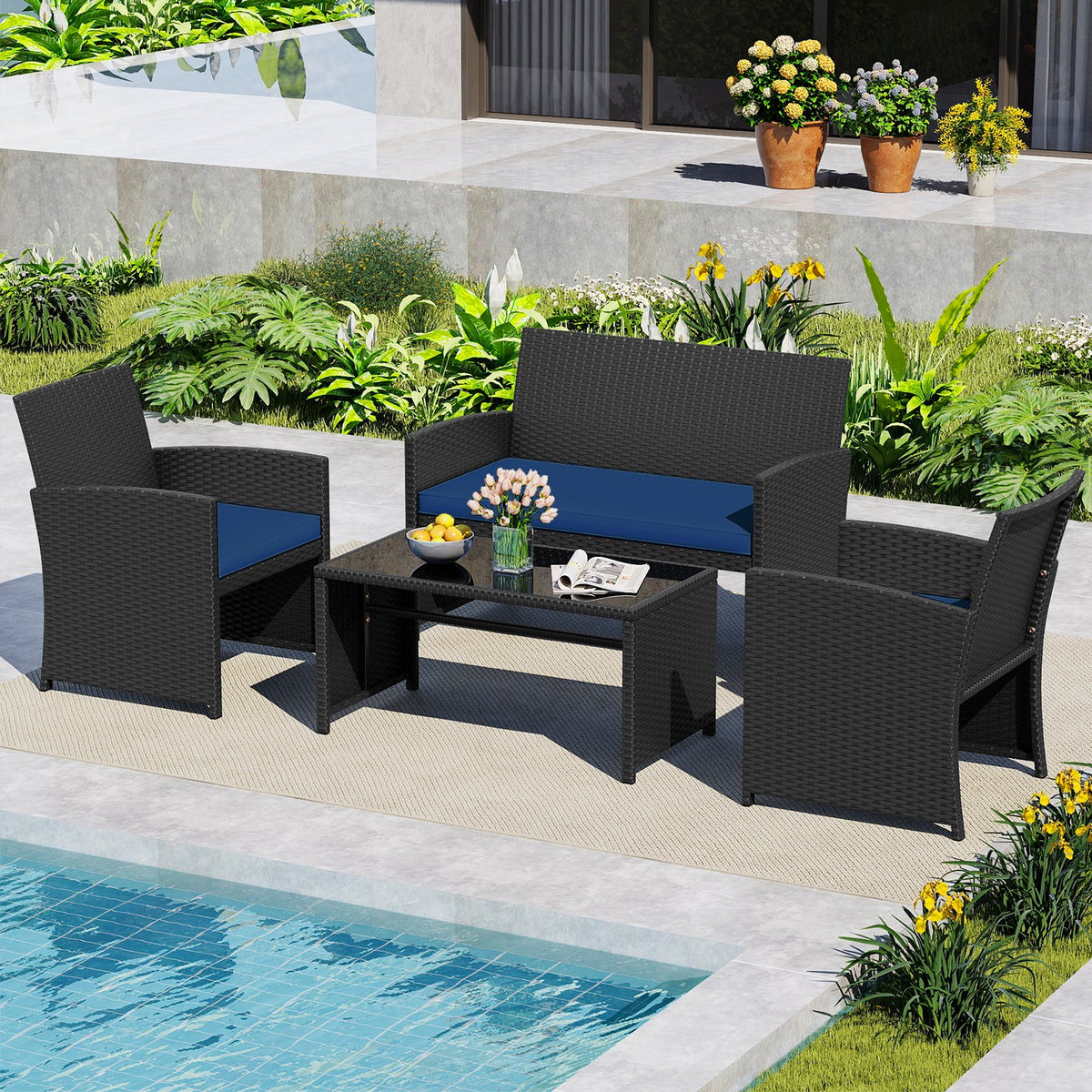 4 Pieces Patio Furniture Set with Tempered Glass Tabletop and Removable Cushion-Navy view 2