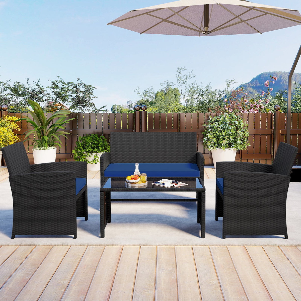 4 Pieces Patio Furniture Set with Tempered Glass Tabletop and Removable Cushion-Navy view 3