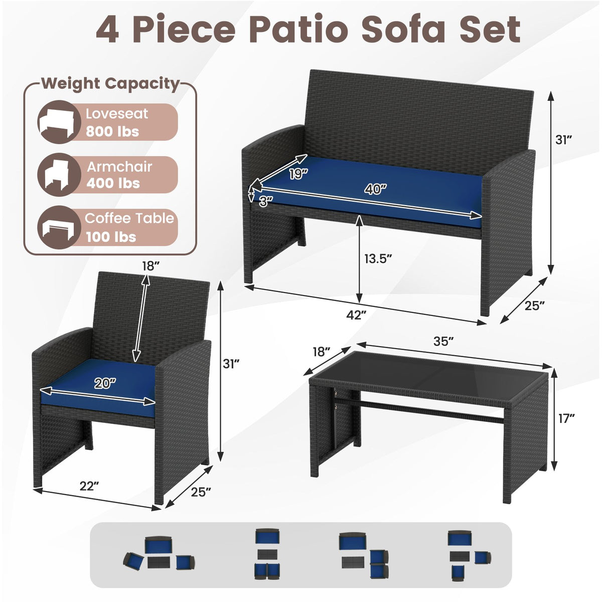 4 Pieces Patio Furniture Set with Tempered Glass Tabletop and Removable Cushion-Navy view 5