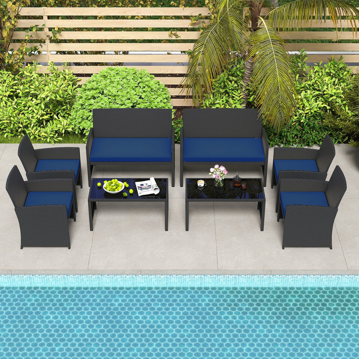 4 Pieces Patio Furniture Set with Tempered Glass Tabletop and Removable Cushion-Navy view 7