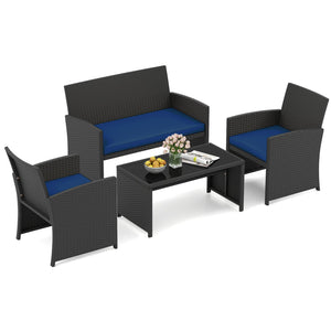 4 Pieces Patio Furniture Set with Tempered Glass Tabletop and Removable Cushion-Navy view 8