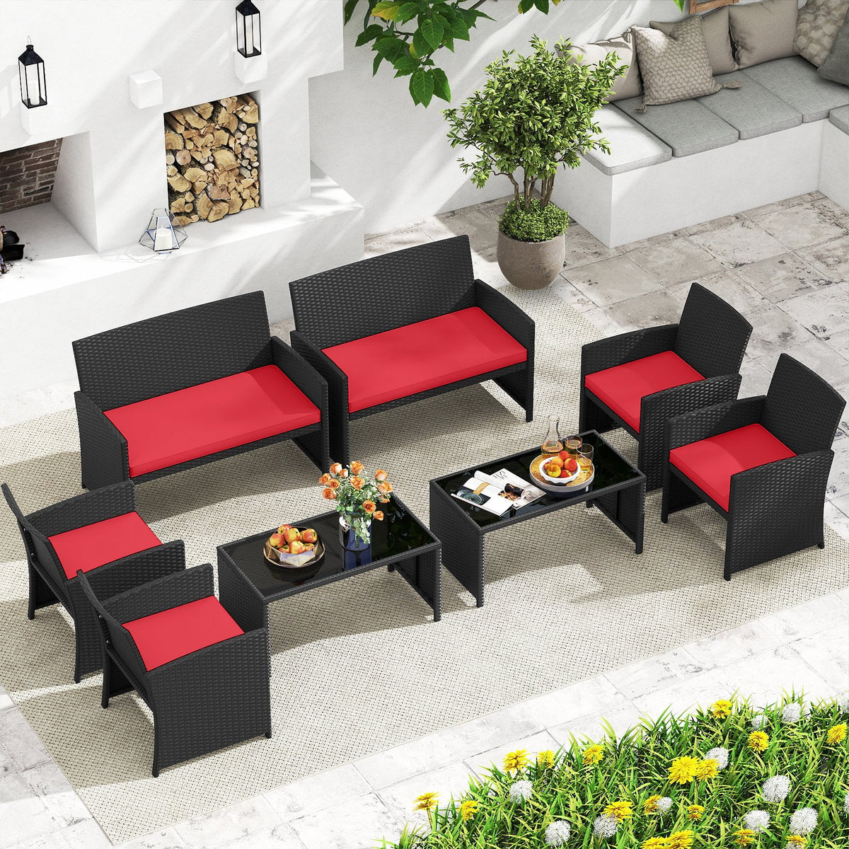 4 Pieces Patio Furniture Set with Tempered Glass Tabletop and Removable Cushion-Red view 2