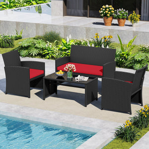 4 Pieces Patio Furniture Set with Tempered Glass Tabletop and Removable Cushion-Red view 3