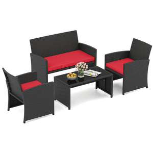4 Pieces Patio Furniture Set with Tempered Glass Tabletop and Removable Cushion-Red view 4