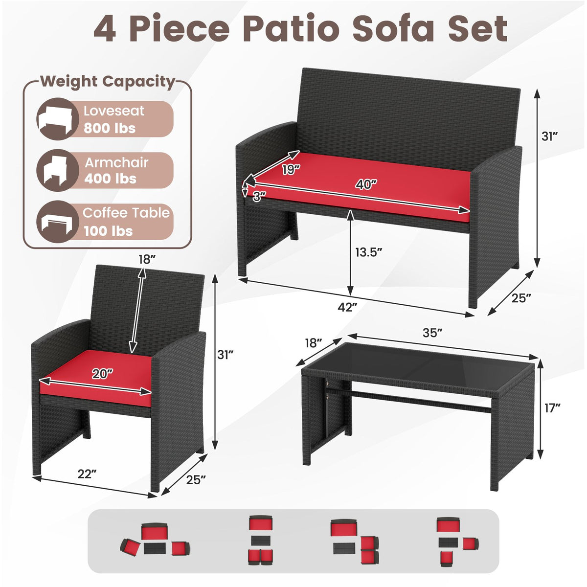 4 Pieces Patio Furniture Set with Tempered Glass Tabletop and Removable Cushion-Red view 5