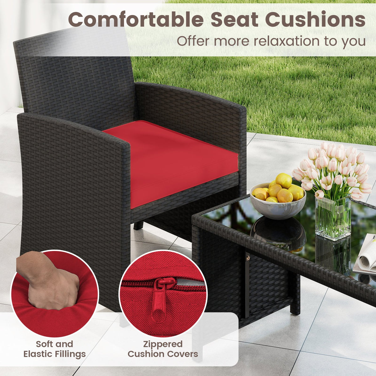 4 Pieces Patio Furniture Set with Tempered Glass Tabletop and Removable Cushion-Red view 9