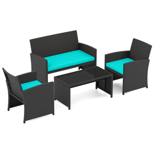 4 Pieces Patio Furniture Set with Tempered Glass Tabletop and Removable Cushion-Turquoise