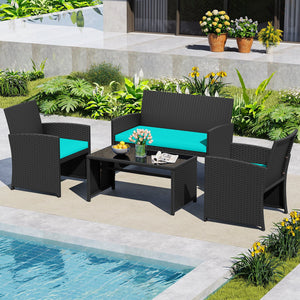 4 Pieces Patio Furniture Set with Tempered Glass Tabletop and Removable Cushion-Turquoise view 2