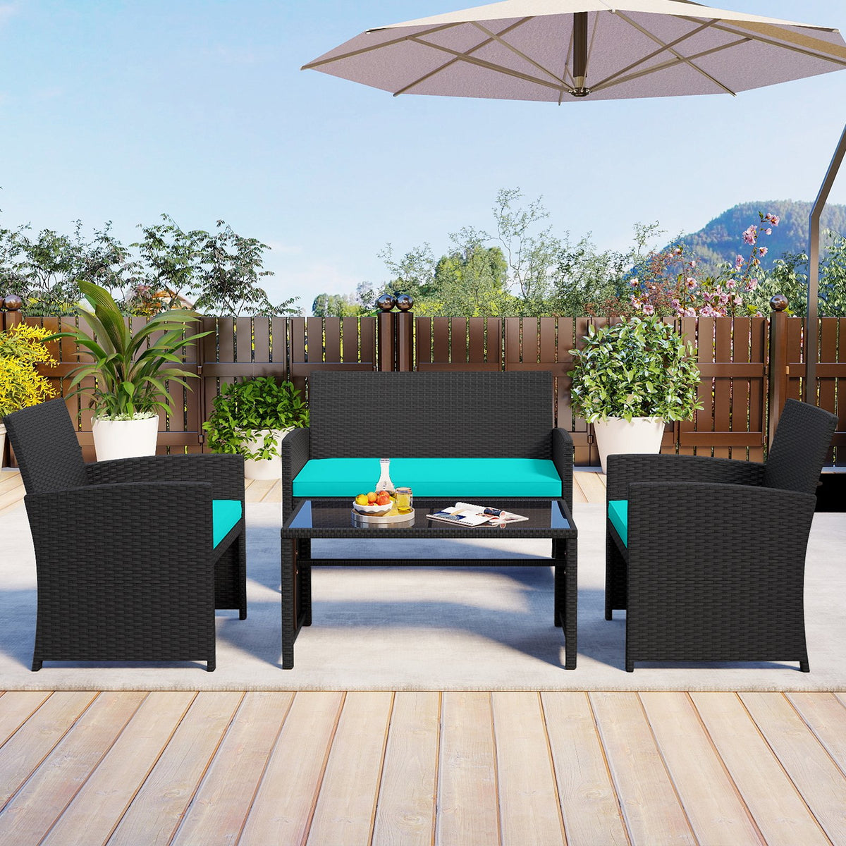 4 Pieces Patio Furniture Set with Tempered Glass Tabletop and Removable Cushion-Turquoise view 3