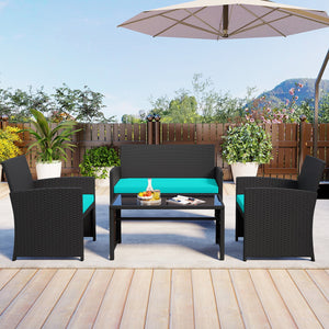 4 Pieces Patio Furniture Set with Tempered Glass Tabletop and Removable Cushion-Turquoise view 3