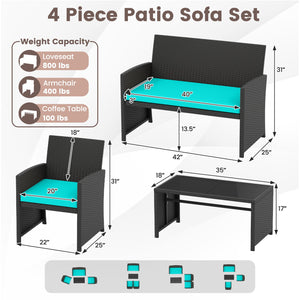 4 Pieces Patio Furniture Set with Tempered Glass Tabletop and Removable Cushion-Turquoise view 5