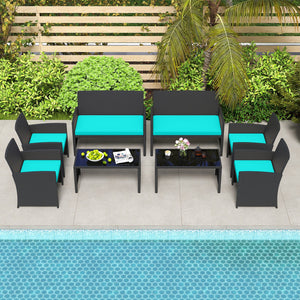 4 Pieces Patio Furniture Set with Tempered Glass Tabletop and Removable Cushion-Turquoise view 6