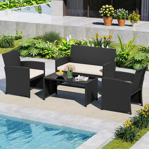 4 Pieces Patio Furniture Set with Tempered Glass Tabletop and Removable Cushion-White view 2
