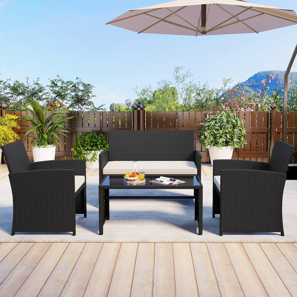 4 Pieces Patio Furniture Set with Tempered Glass Tabletop and Removable Cushion-White view 3