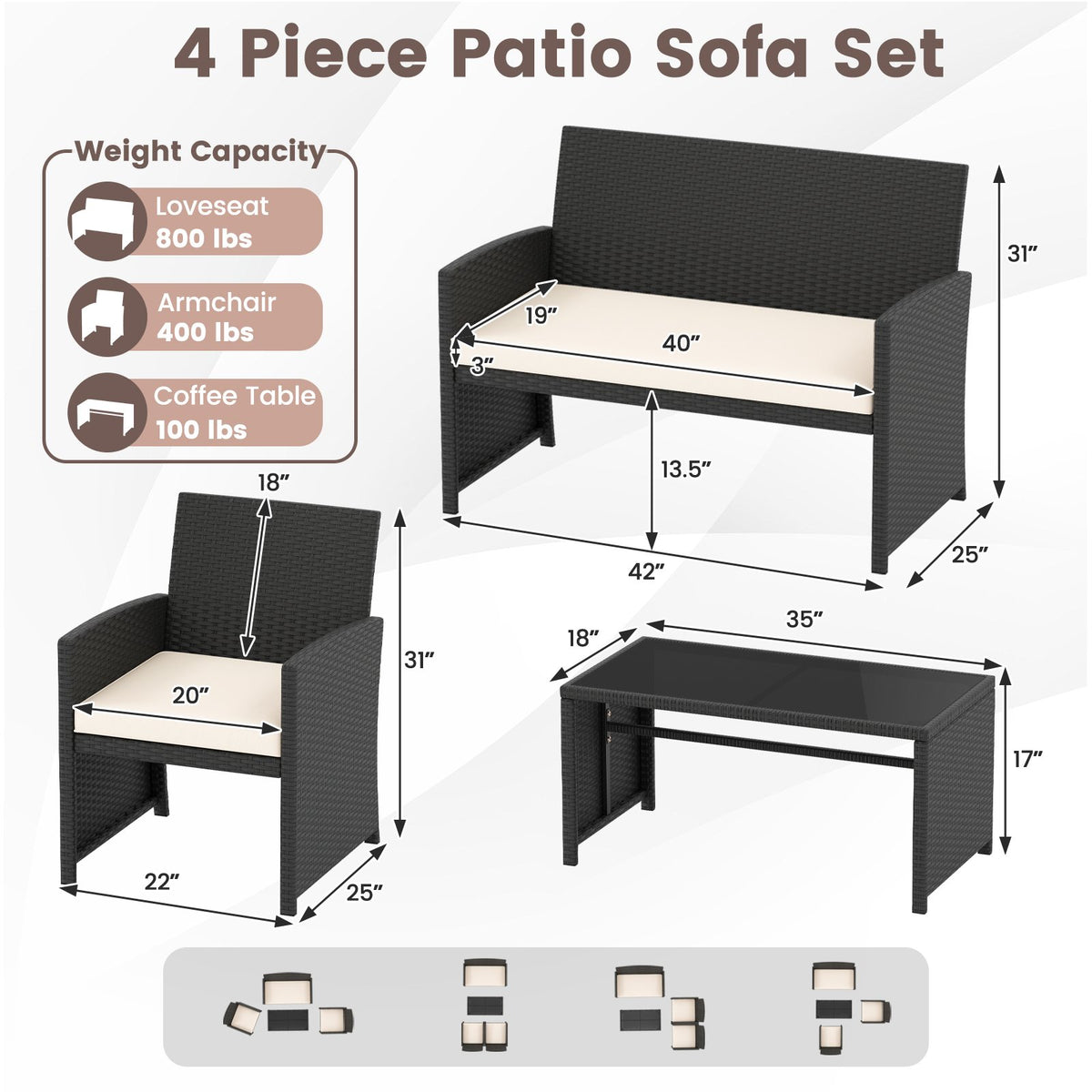 4 Pieces Patio Furniture Set with Tempered Glass Tabletop and Removable Cushion-White view 5