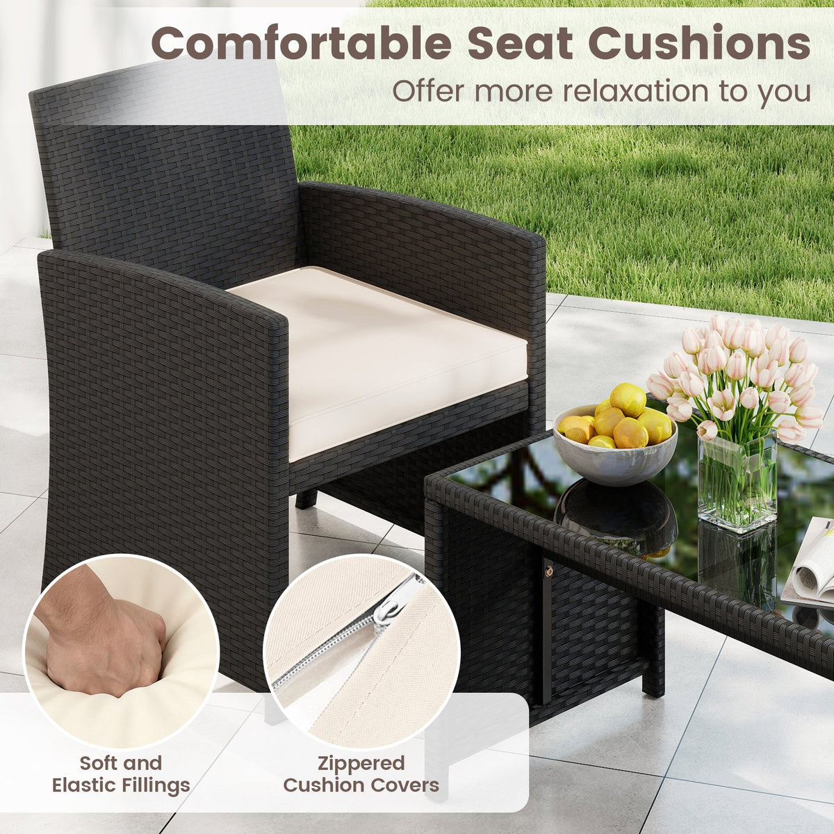 4 Pieces Patio Furniture Set with Tempered Glass Tabletop and Removable Cushion-White view 8
