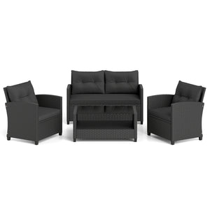 4 Pieces Patio Rattan Conversation Furniture Set with Glass Top Coffee Table-Black