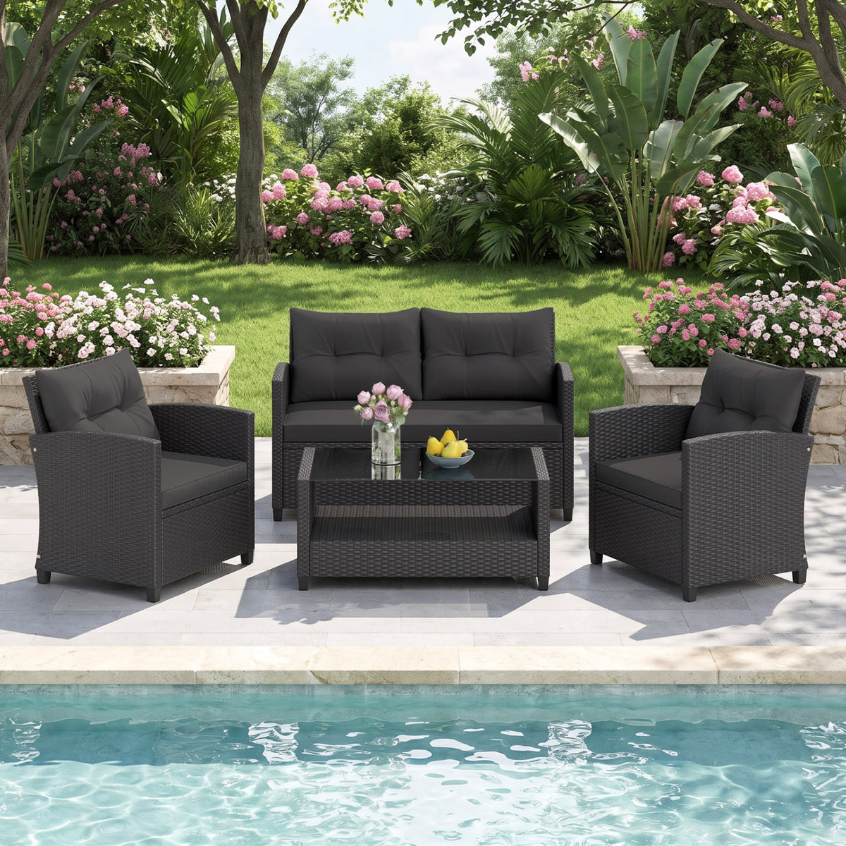 4 Pieces Patio Rattan Conversation Furniture Set with Glass Top Coffee Table-Black view 2