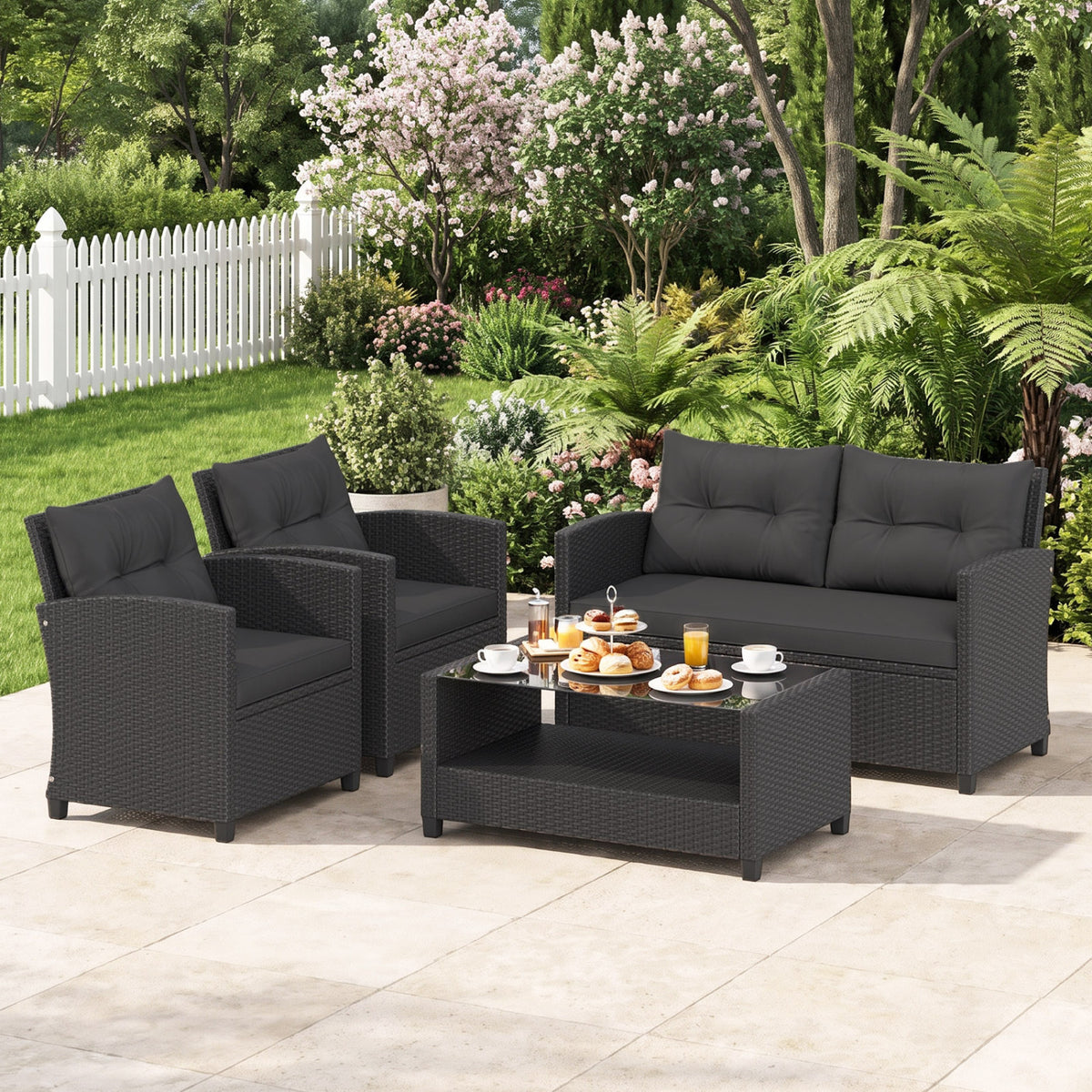 4 Pieces Patio Rattan Conversation Furniture Set with Glass Top Coffee Table-Black view 3