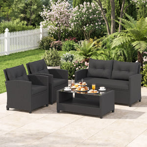4 Pieces Patio Rattan Conversation Furniture Set with Glass Top Coffee Table-Black view 3