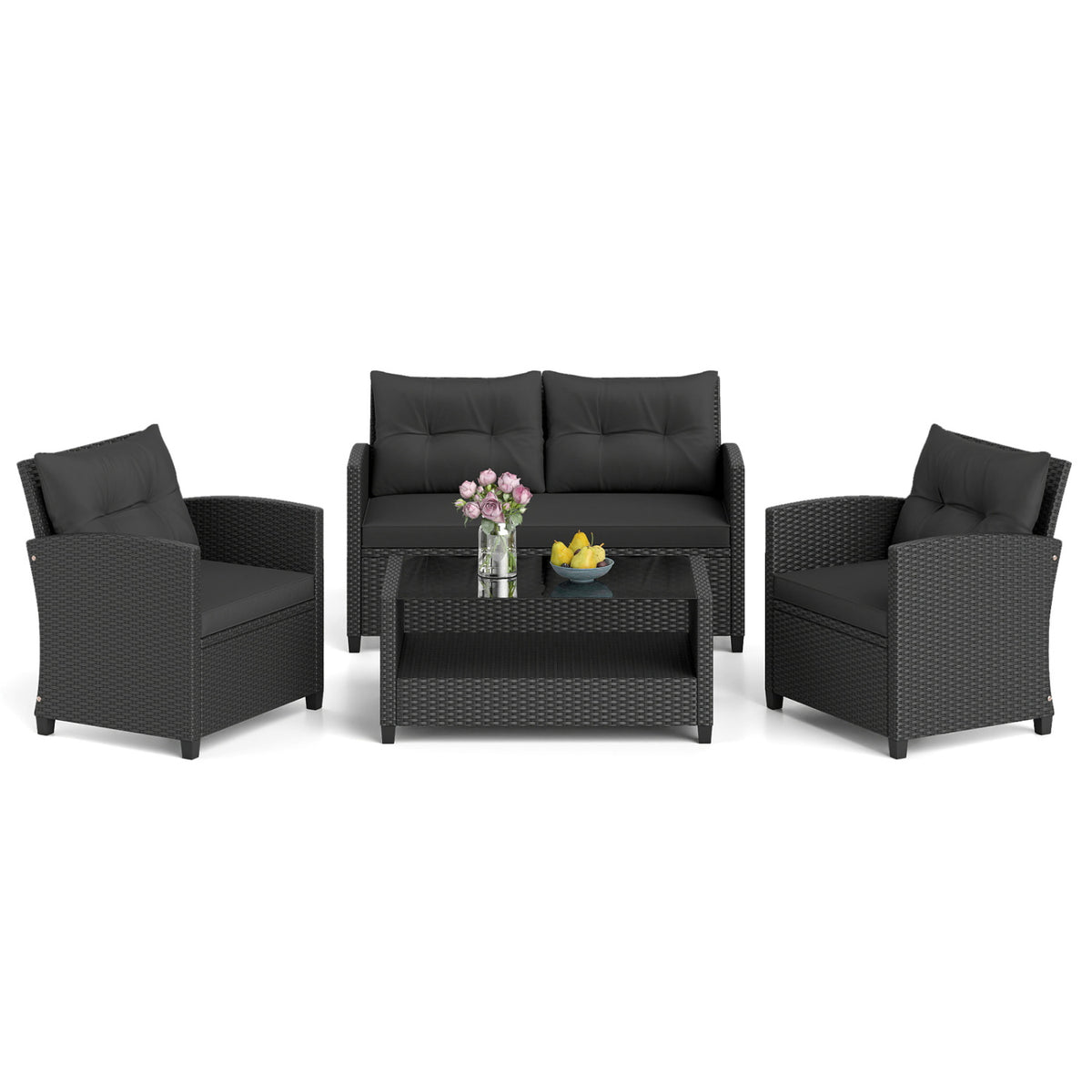 4 Pieces Patio Rattan Conversation Furniture Set with Glass Top Coffee Table-Black view 4