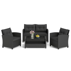4 Pieces Patio Rattan Conversation Furniture Set with Glass Top Coffee Table-Black view 4