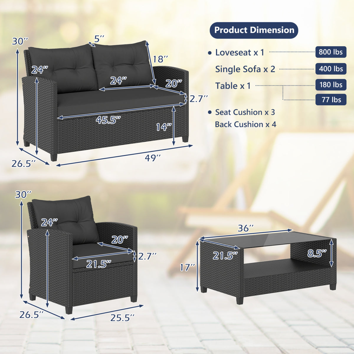 4 Pieces Patio Rattan Conversation Furniture Set with Glass Top Coffee Table-Black view 5