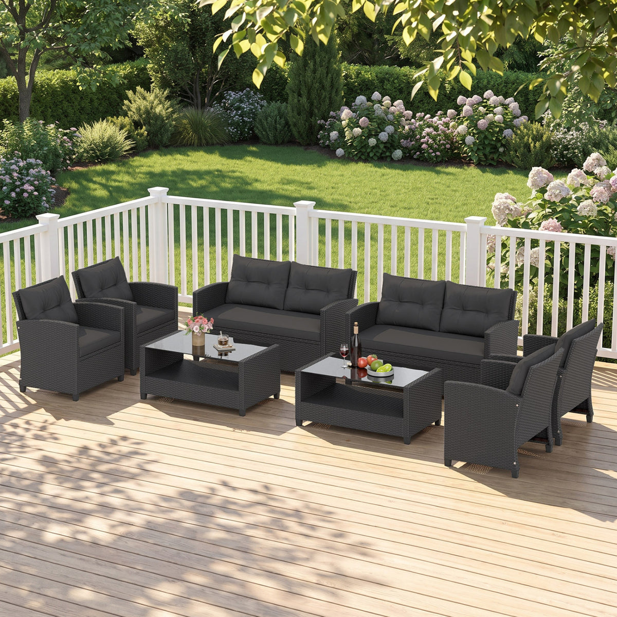 4 Pieces Patio Rattan Conversation Furniture Set with Glass Top Coffee Table-Black view 6