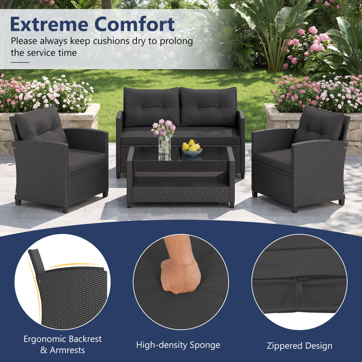 4 Pieces Patio Rattan Conversation Furniture Set with Glass Top Coffee Table-Black view 7