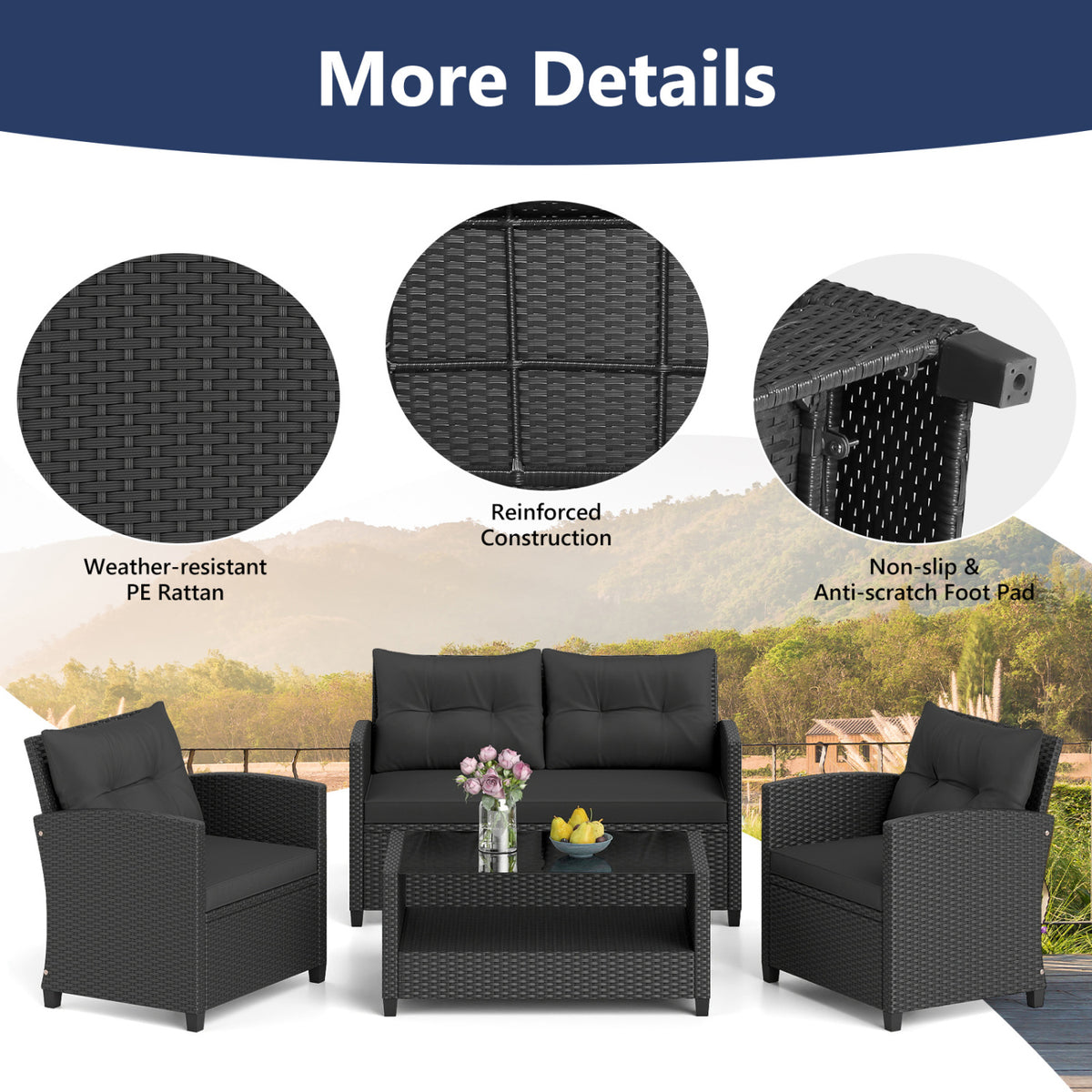 4 Pieces Patio Rattan Conversation Furniture Set with Glass Top Coffee Table-Black view 8