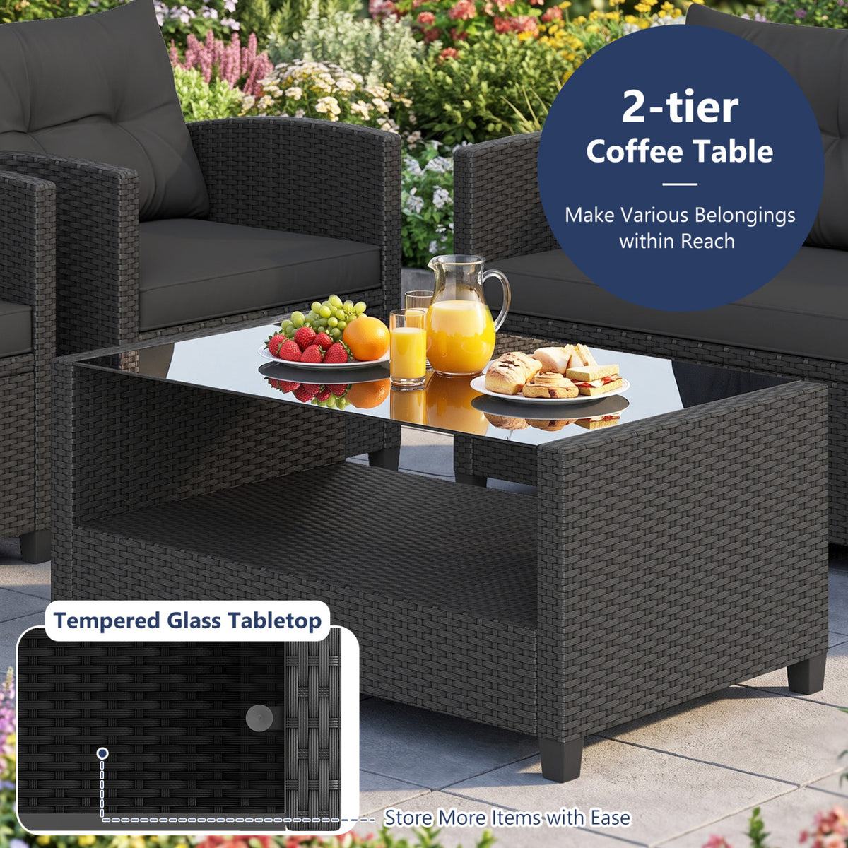 4 Pieces Patio Rattan Conversation Furniture Set with Glass Top Coffee Table-Black view 9