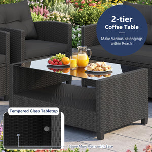 4 Pieces Patio Rattan Conversation Furniture Set with Glass Top Coffee Table-Black view 9