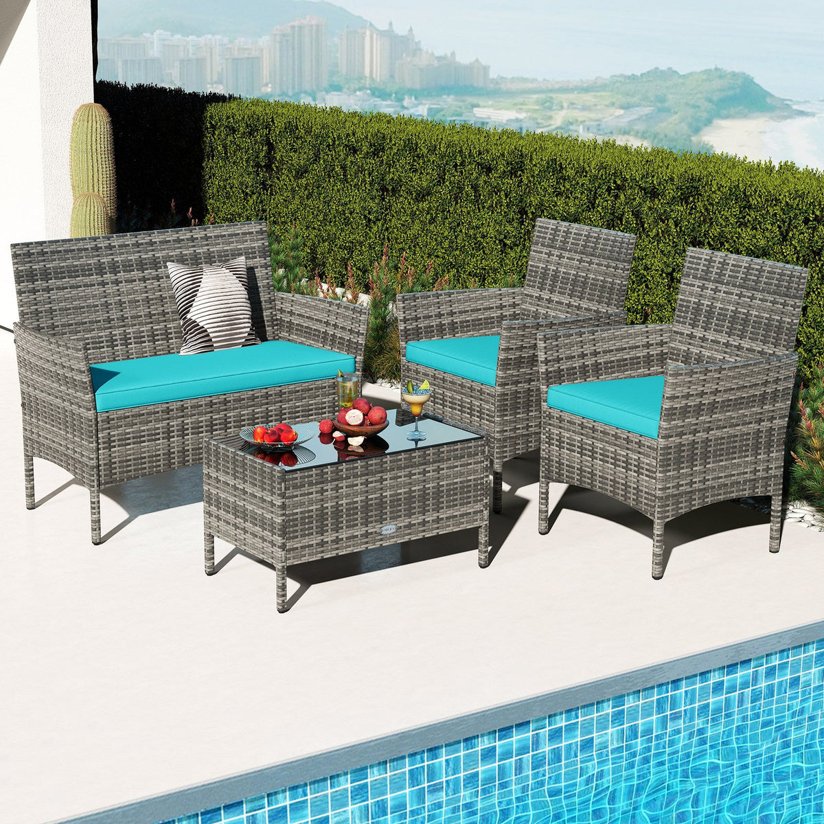 4 Pieces Patio Rattan Conversation Set with Tempered Glass Coffee Table-Turquoise view 2