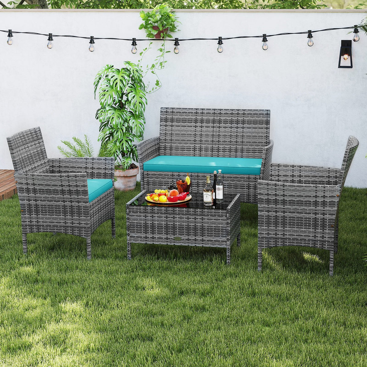 4 Pieces Patio Rattan Conversation Set with Tempered Glass Coffee Table-Turquoise view 3