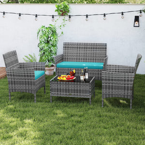 4 Pieces Patio Rattan Conversation Set with Tempered Glass Coffee Table-Turquoise view 3