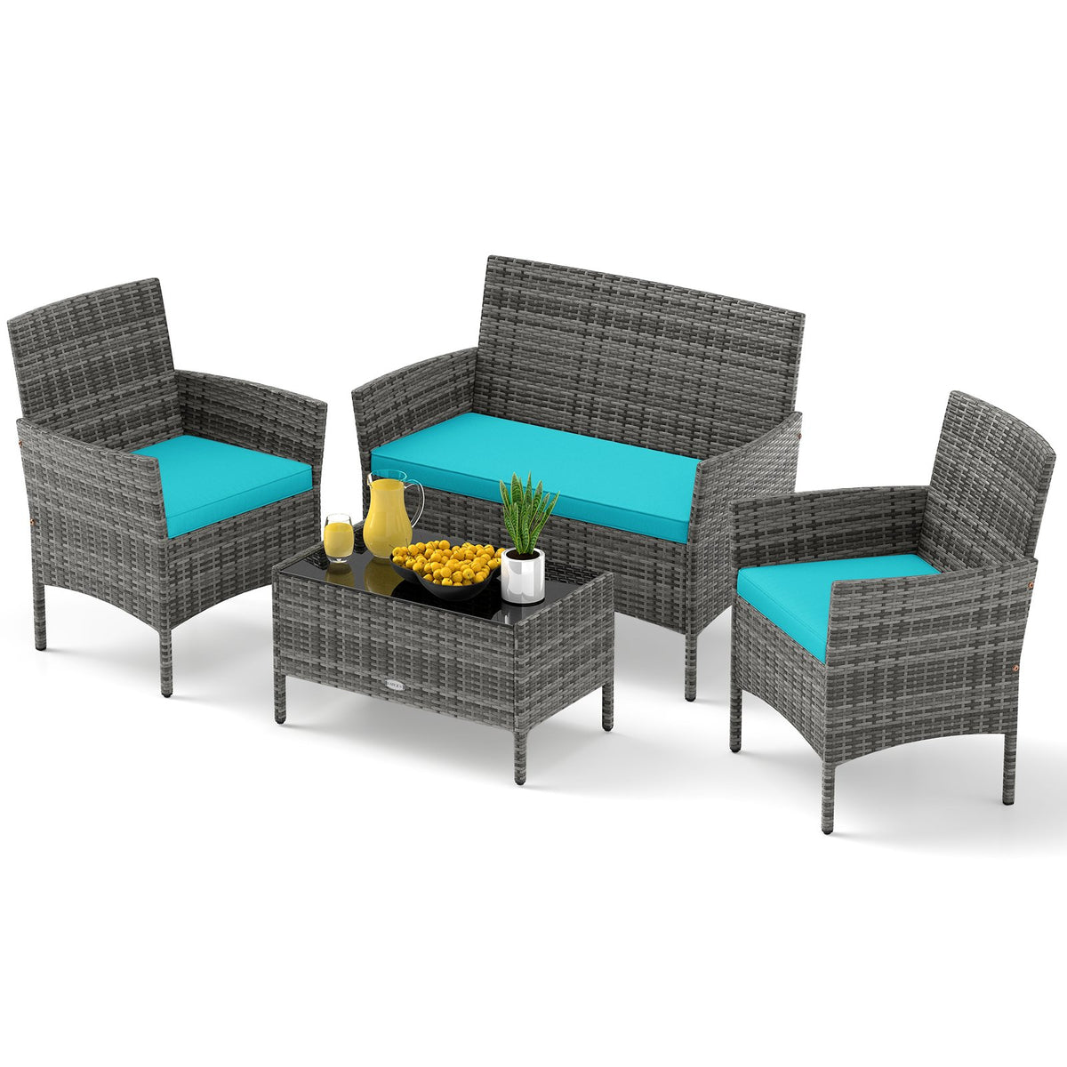 4 Pieces Patio Rattan Conversation Set with Tempered Glass Coffee Table-Turquoise view 4