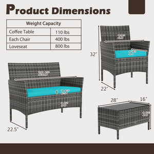 4 Pieces Patio Rattan Conversation Set with Tempered Glass Coffee Table-Turquoise view 5