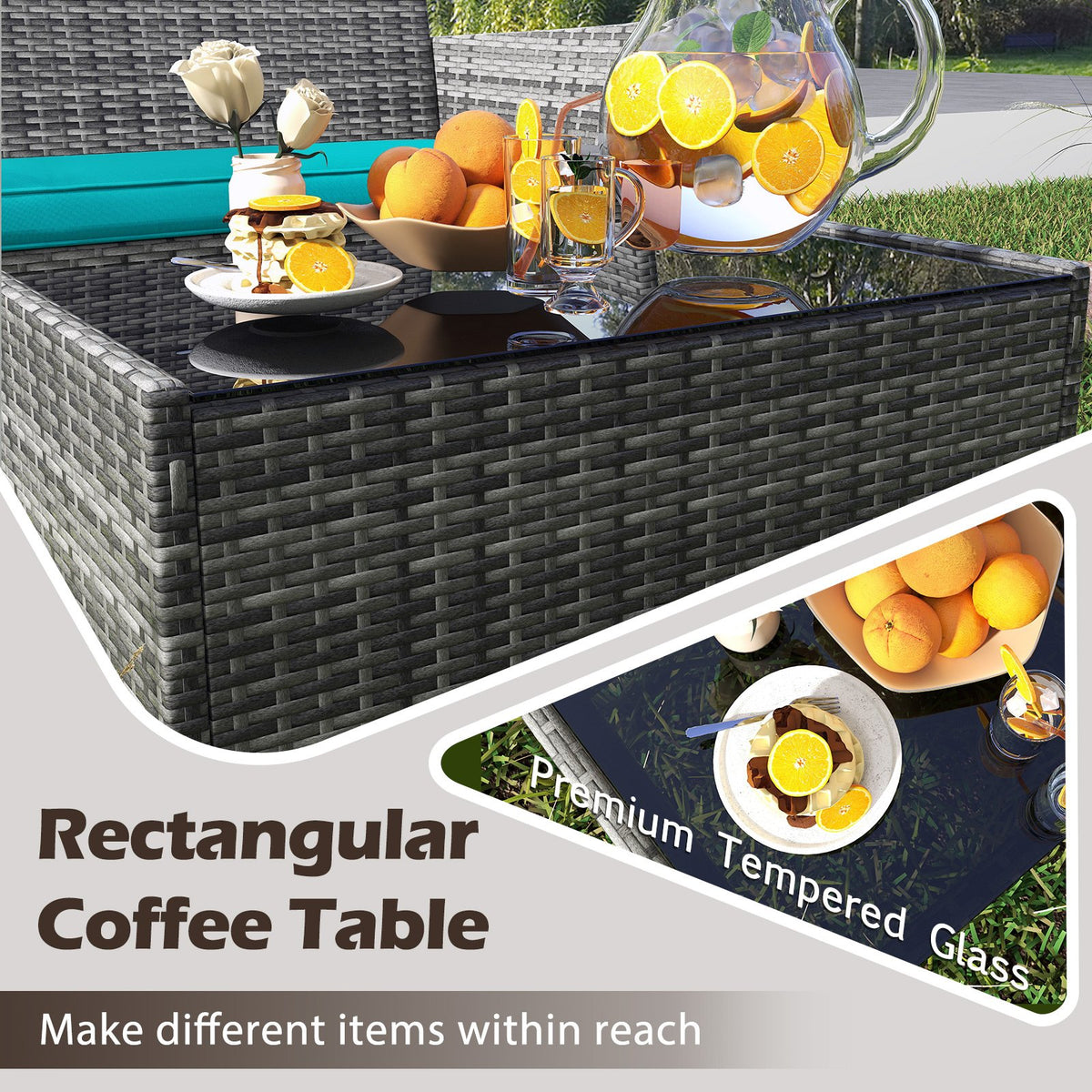 4 Pieces Patio Rattan Conversation Set with Tempered Glass Coffee Table-Turquoise view 8