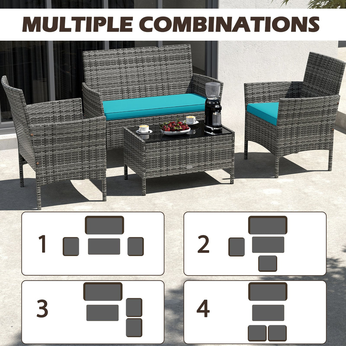 4 Pieces Patio Rattan Conversation Set with Tempered Glass Coffee Table-Turquoise view 9
