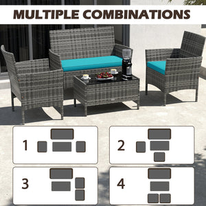 4 Pieces Patio Rattan Conversation Set with Tempered Glass Coffee Table-Turquoise view 9