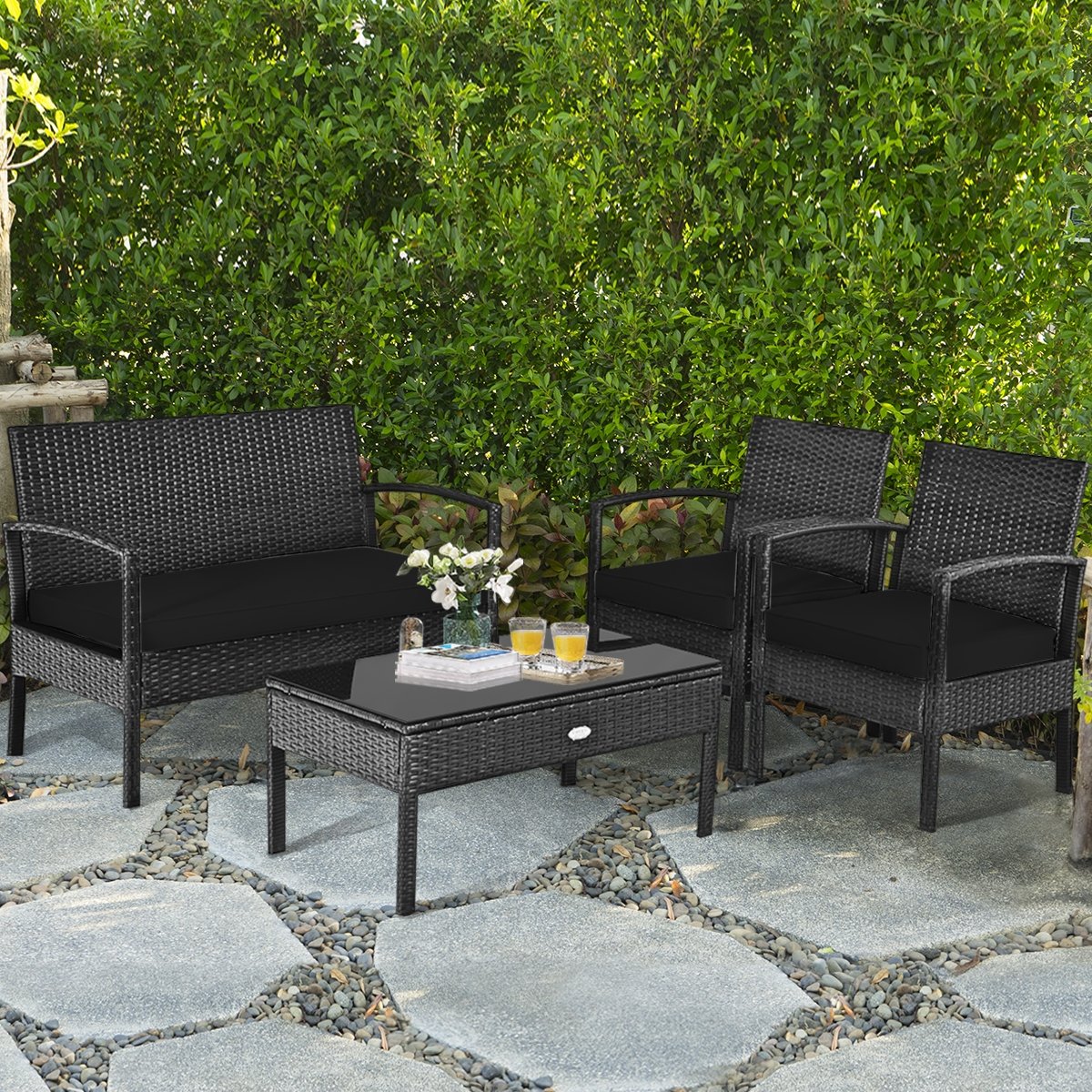 4 Pieces Patio Rattan Cushioned Furniture Set-Black view 2