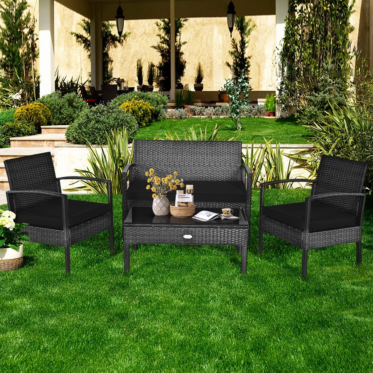4 Pieces Patio Rattan Cushioned Furniture Set-Black view 3