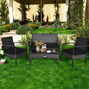 4 Pieces Patio Rattan Cushioned Furniture Set-Black view 3