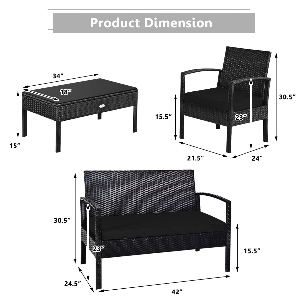 4 Pieces Patio Rattan Cushioned Furniture Set-Black view 5