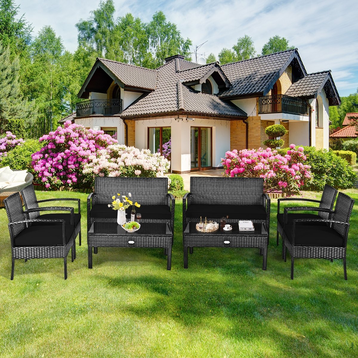 4 Pieces Patio Rattan Cushioned Furniture Set-Black view 7