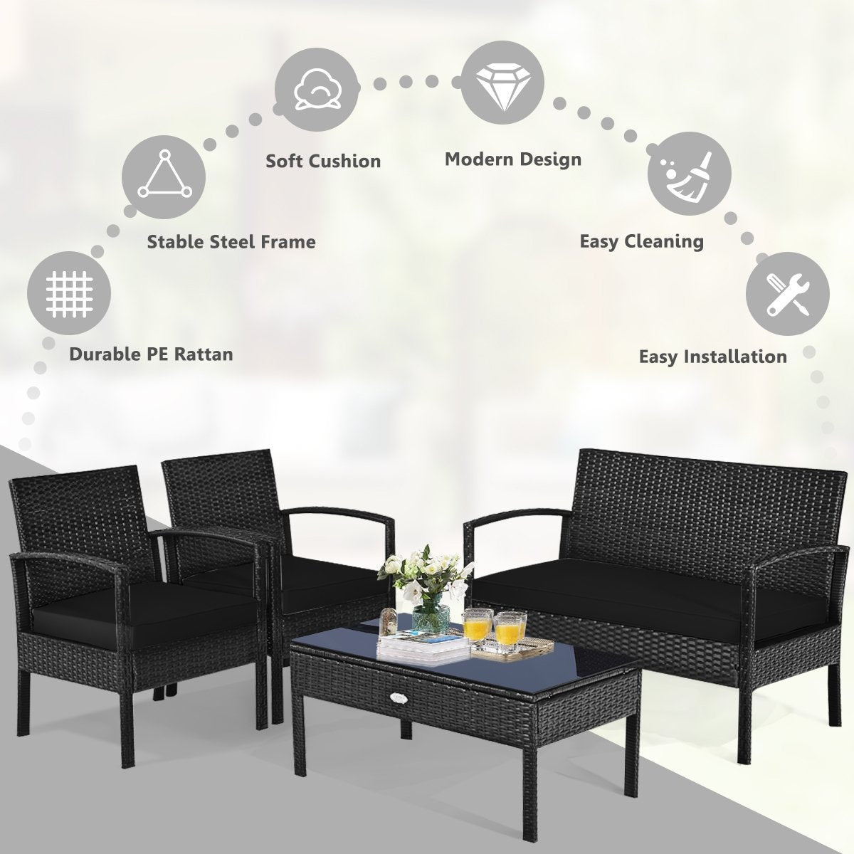4 Pieces Patio Rattan Cushioned Furniture Set-Black view 8